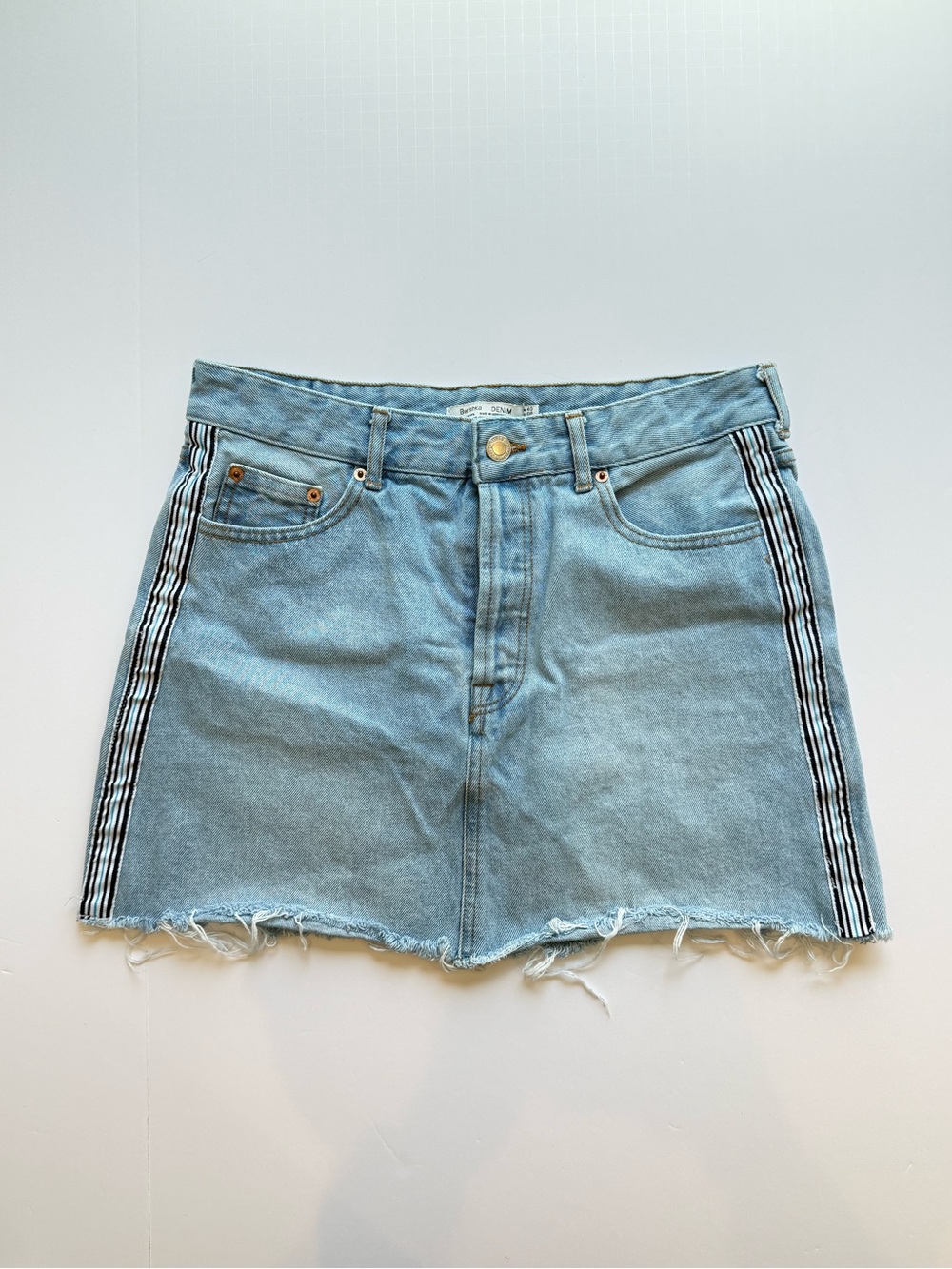 Bershka light-wash denim mini skirt with side stripes